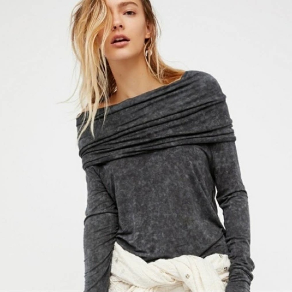 Free People Off-Shoulder Long Sleeve Tee in Charcoal Gray